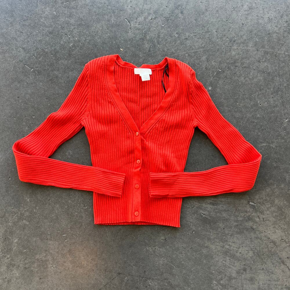 Vintage Y2K H&M Long Sleeve V-Neck Orange Ribbed Knit Cardigan Sweater Womens XS